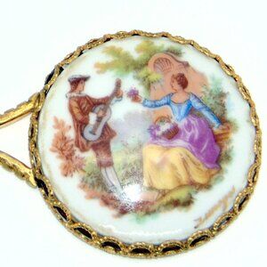 Vintage Signed Limoges Courting Couple Cameo Handheld Vanity Mirror